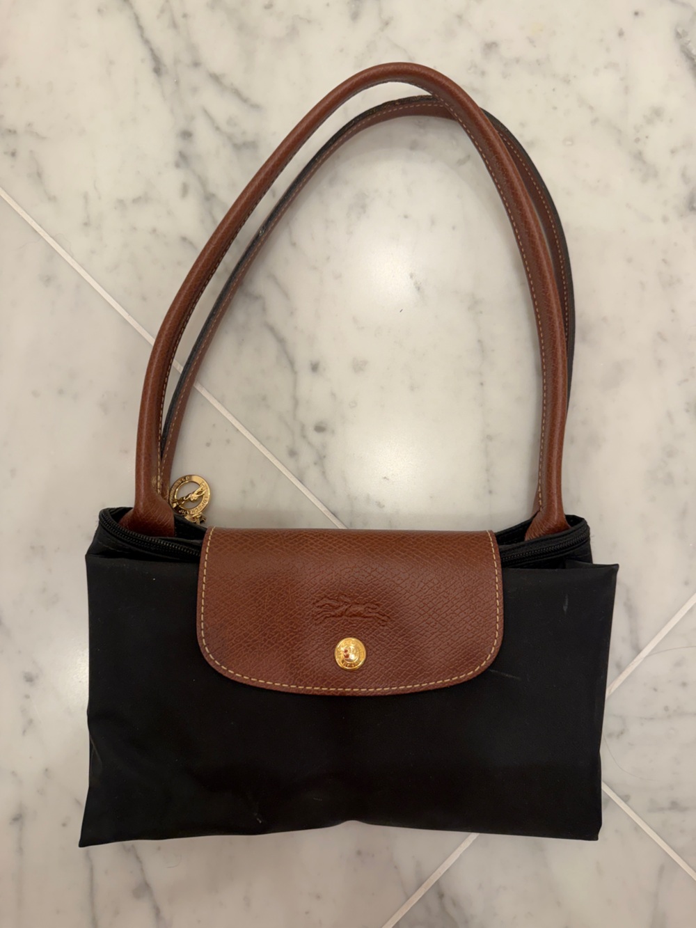 Longchamp Black Nylon Shoulder Bag with Brown Leather Trim